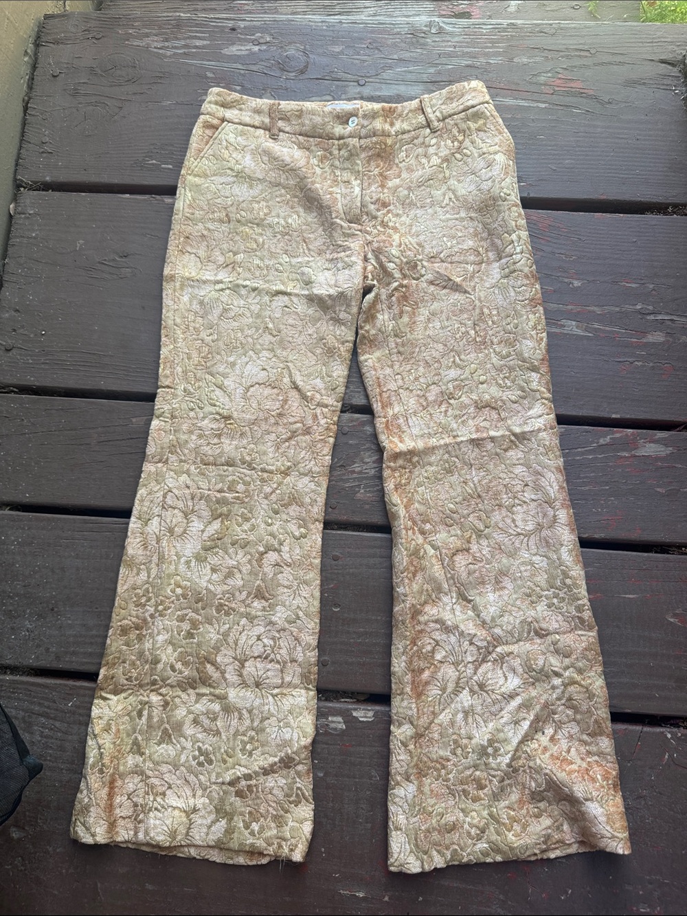 Paul & Joe Floral Jacquard Wide-Leg Jeans in Light Beige and Pale Green